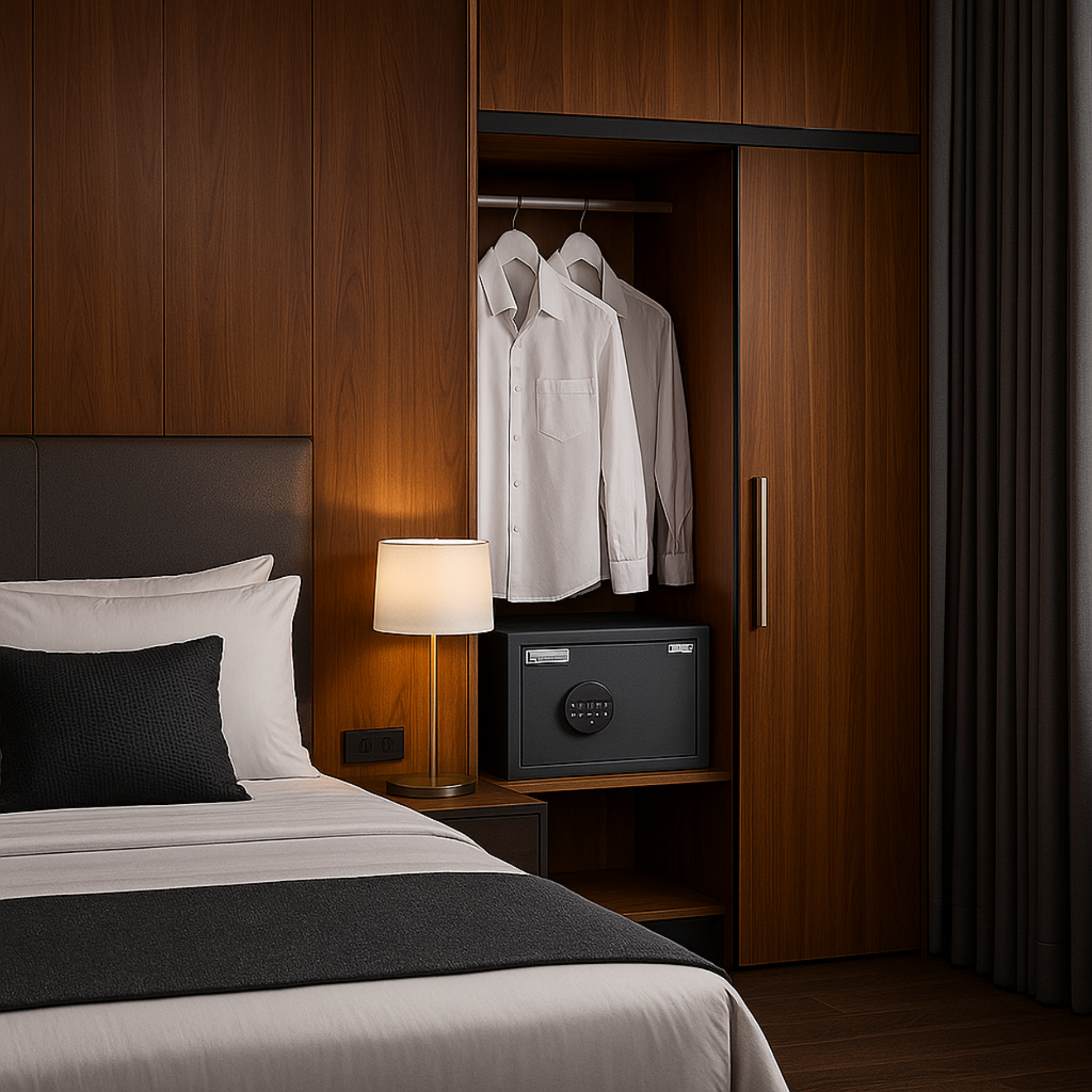 bedroom with wooden walls featuring a built in safe