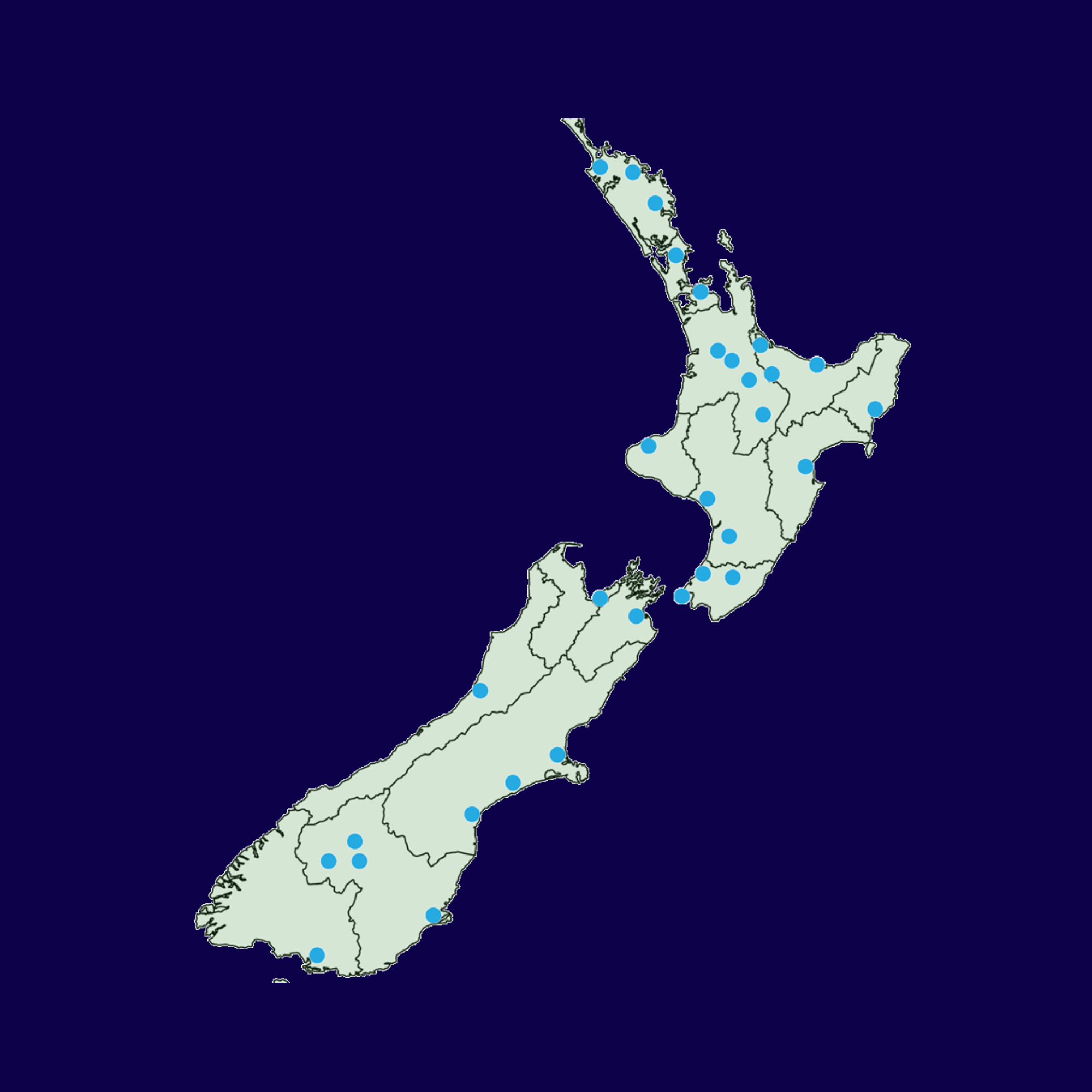 Map of New Zealand with blue markers indicating locations