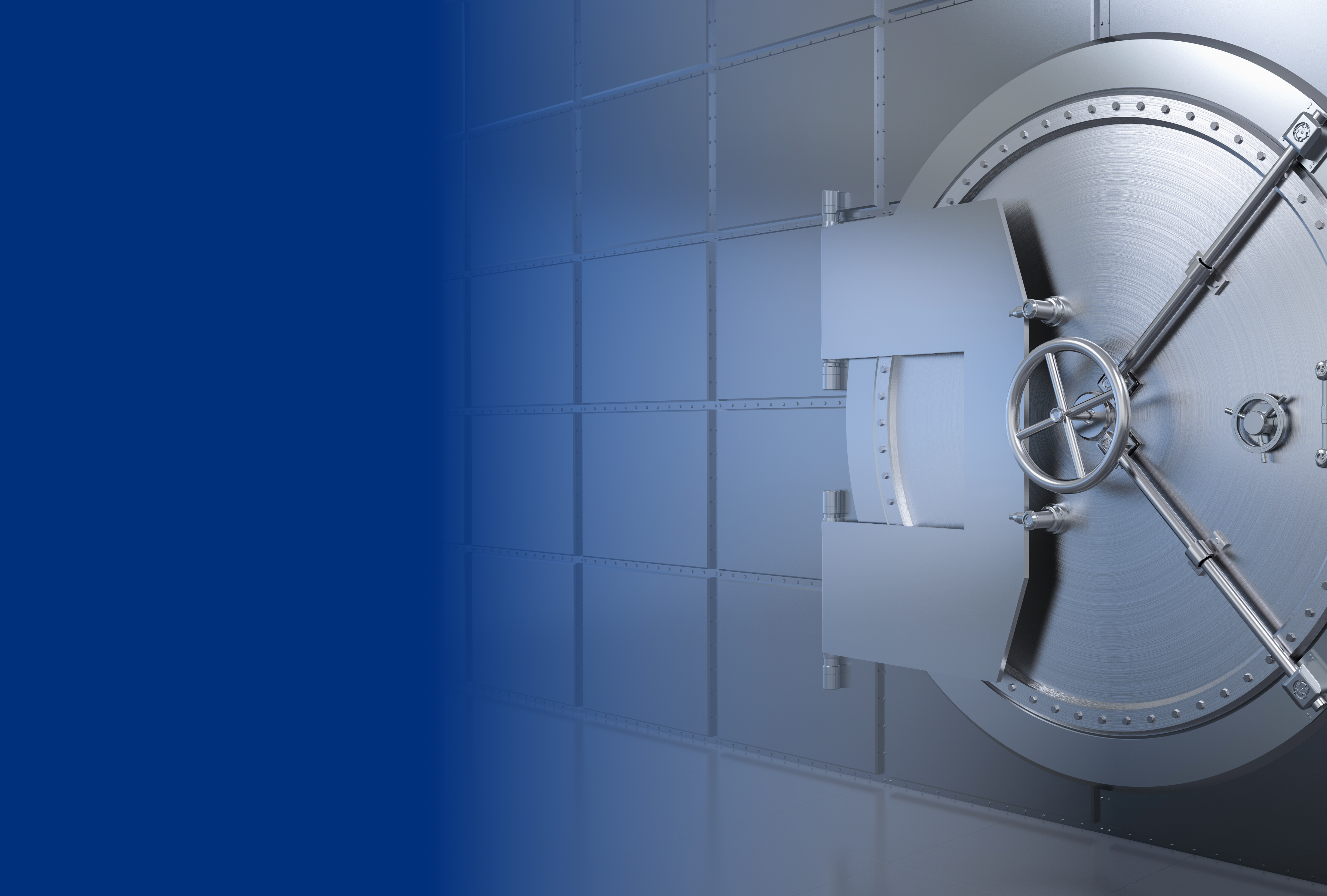 Metallic vault door on a tiled wall with a blue gradient