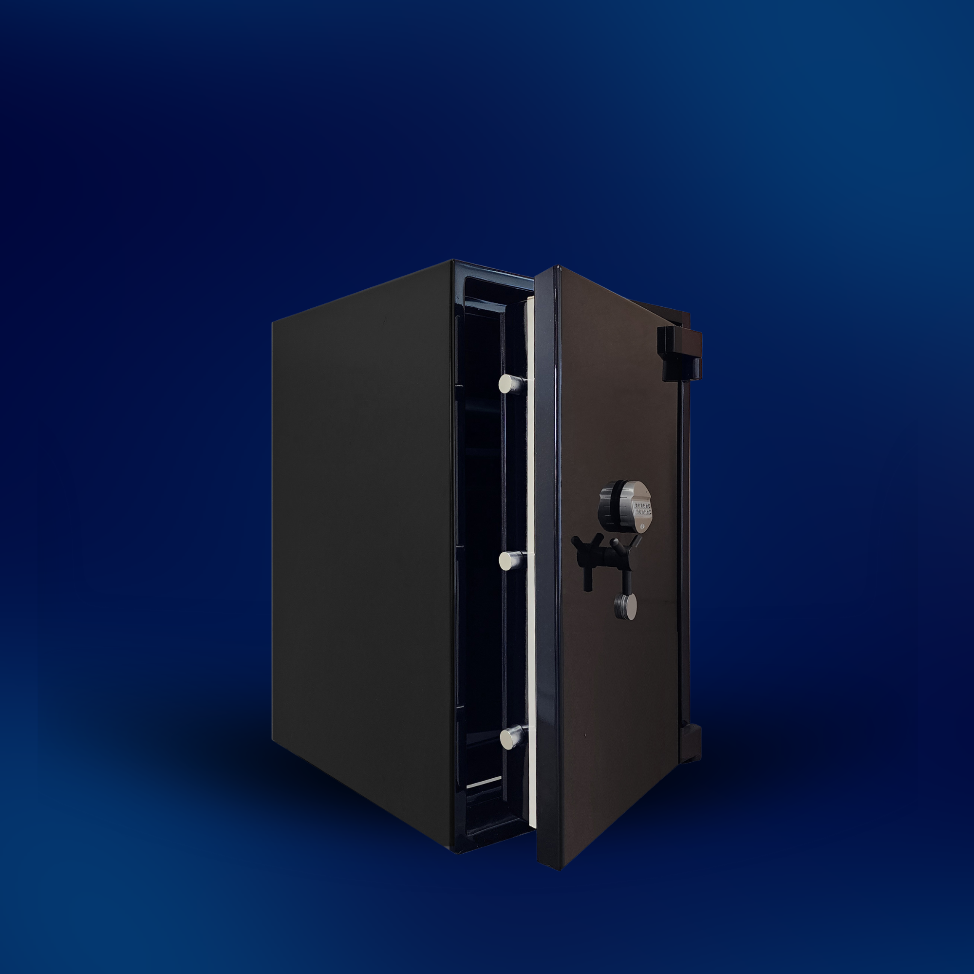 Black safe with open door on a blue background