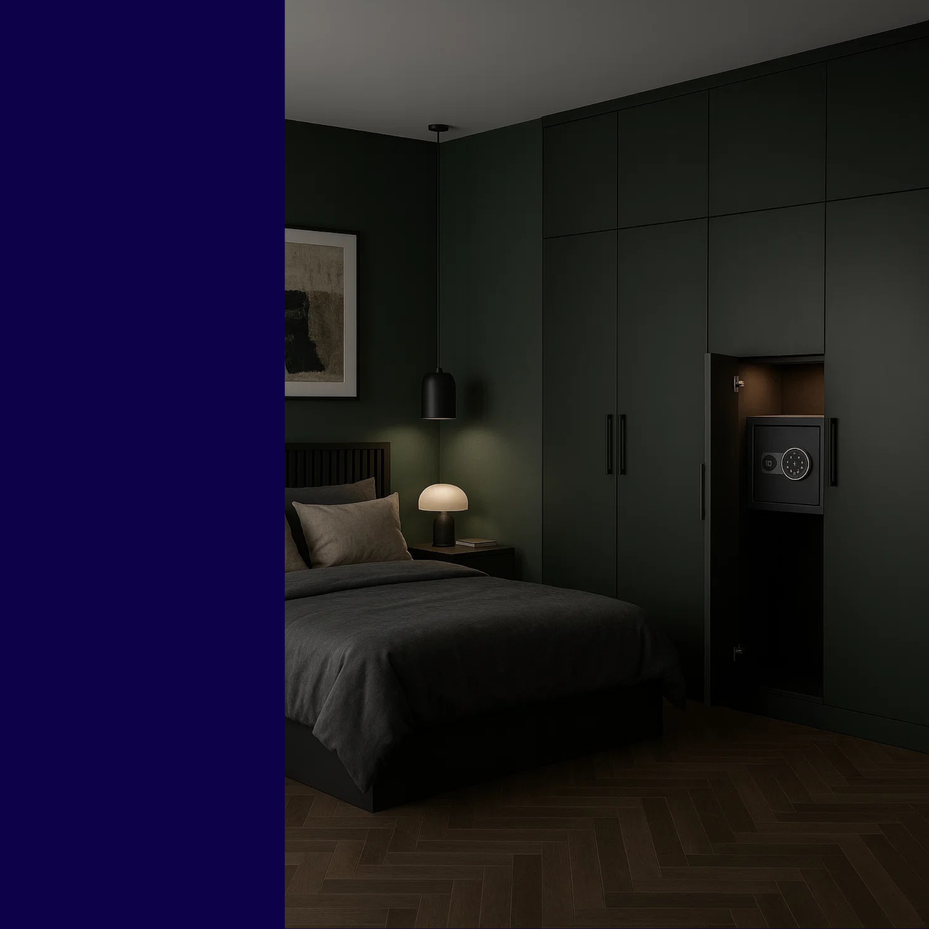 green bedroom with built in hidden safe 