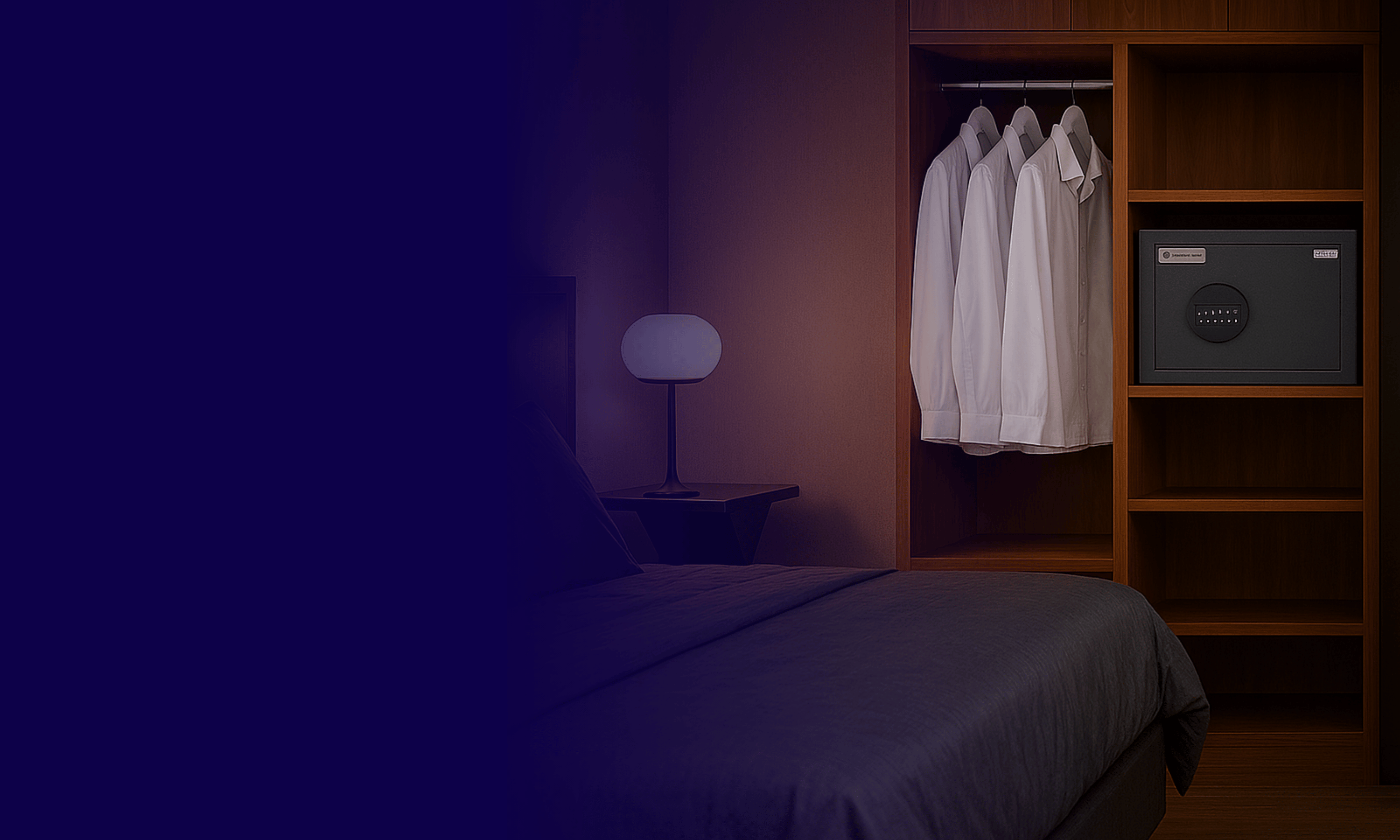 Bedroom with a bed, nightstand, and wardrobe with clothes in a dimly lit room.